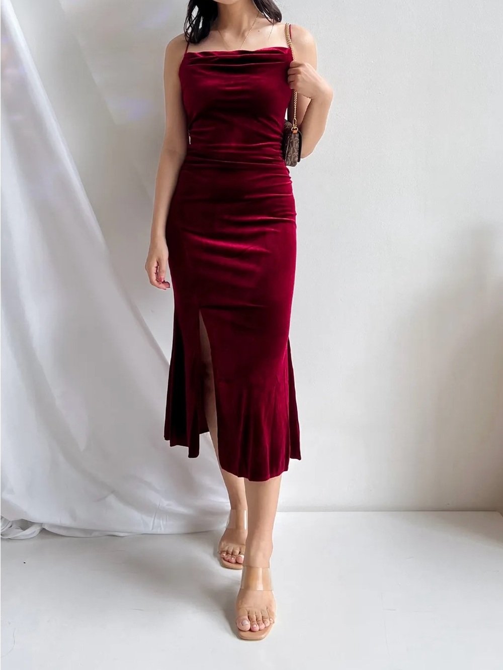 Cowl Neck Velvet Midi Dress in Burgundy